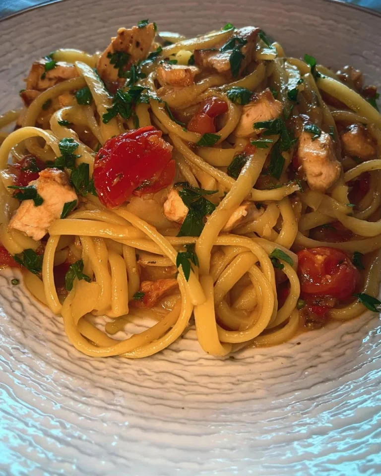 Linguine con pomodorini e pesce spada servite su piatto bianco