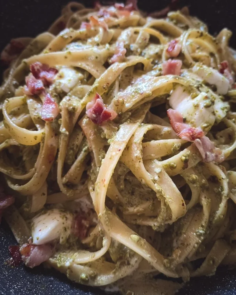 Linguine con pesto di pistacchio, mozzarella di bufala e pancetta serviti in un piatto