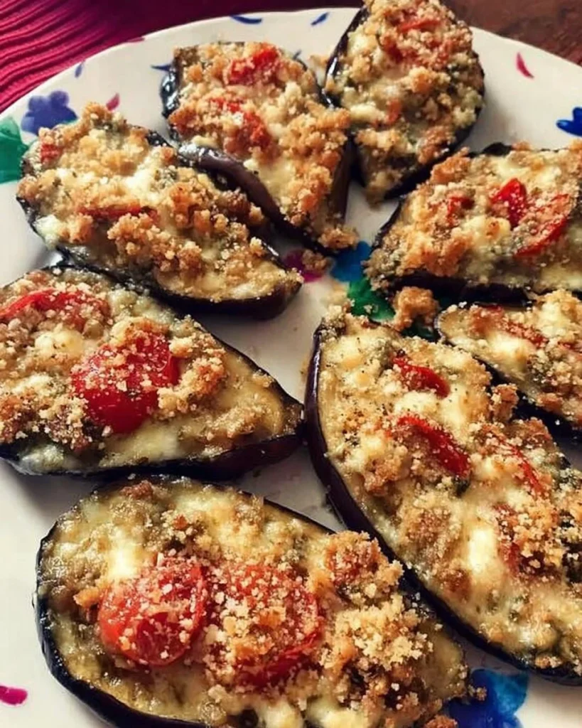 Piatto di melanzane al forno appena sfornate con formaggio e spezie.