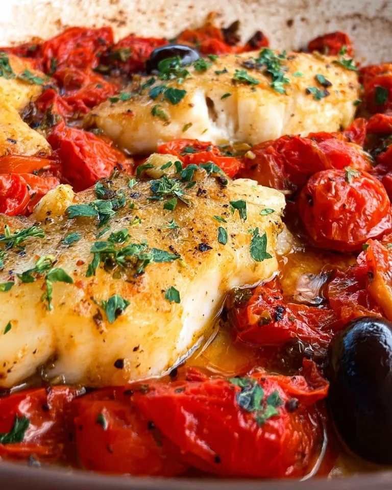 Piatto di Merluzzo alla Mediterranea con verdure fresche e olive
