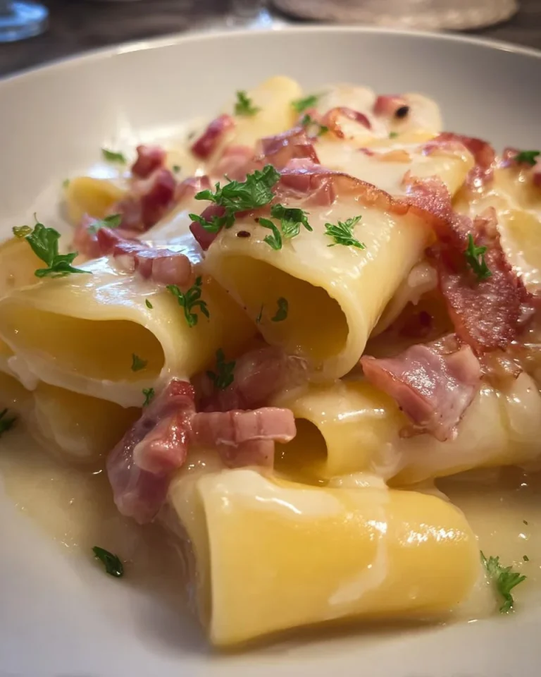 Paccheri con crema di patate e pancetta, un piatto delizioso e cremoso.