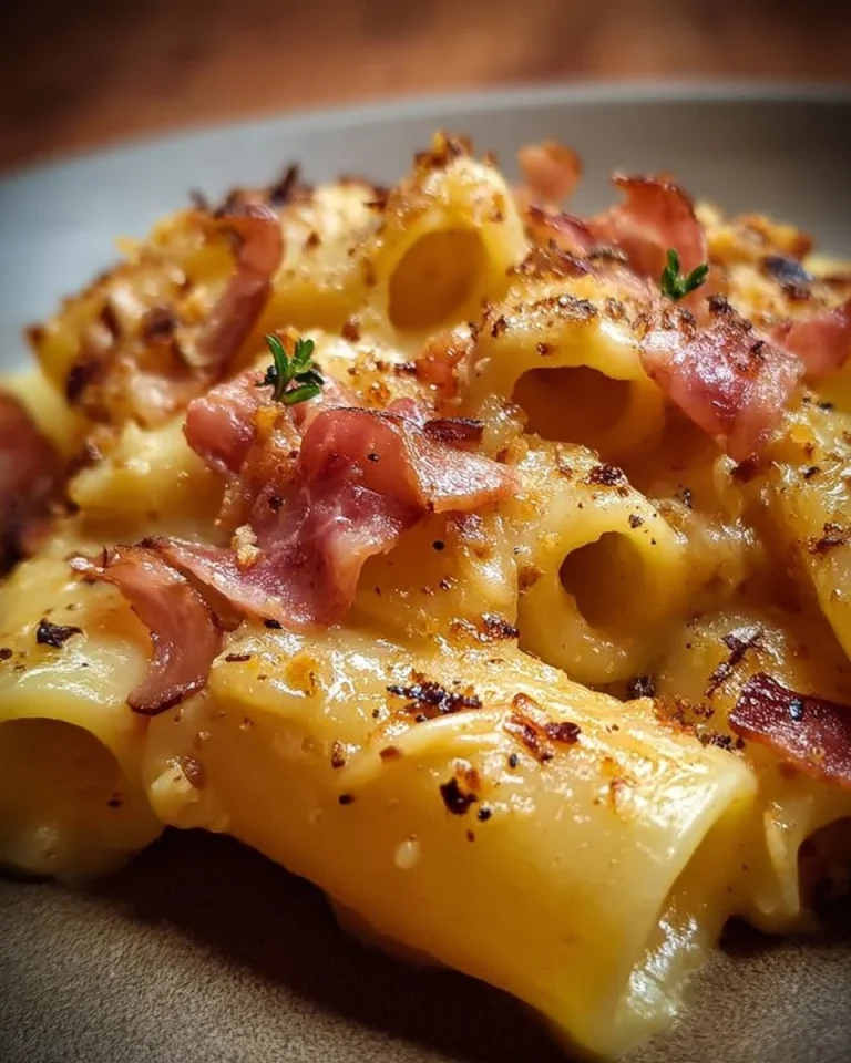 Paccheri con patate, pancetta e scamorza affumicata in un piatto gustoso.