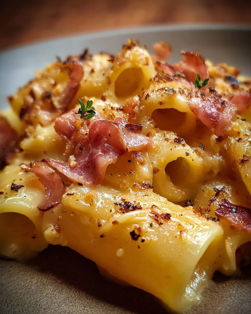 Paccheri con patate, pancetta e scamorza affumicata in un piatto gustoso.