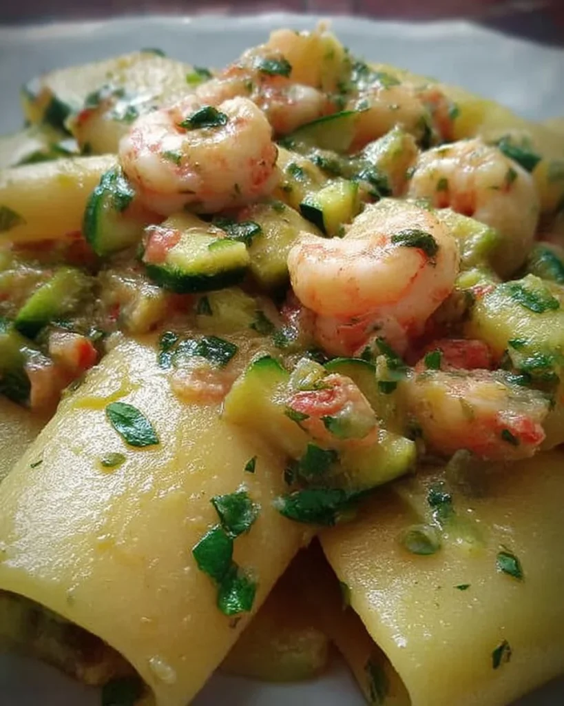 Paccheri zucchine e gamberetti, un piatto italiano delizioso e colorato