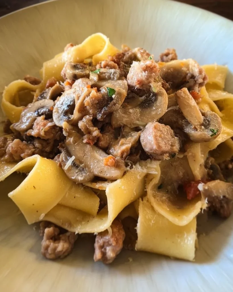 Pappardelle con salsiccia e funghi in un piatto rustico