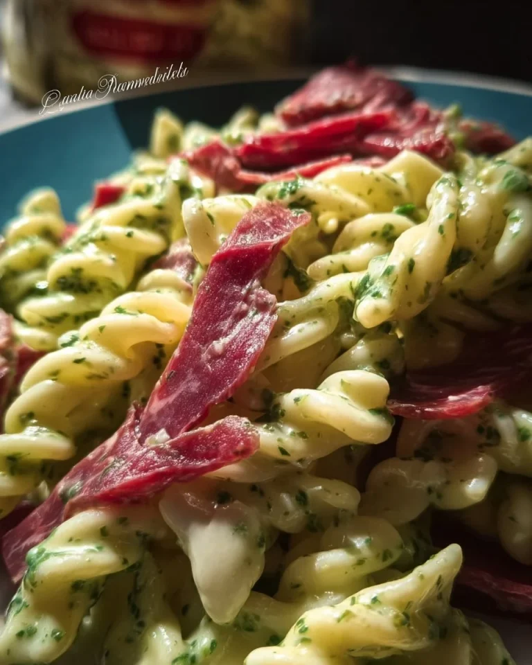 Pasta bresaola con pesto di rucola e Philadelphia in un piatto elegante