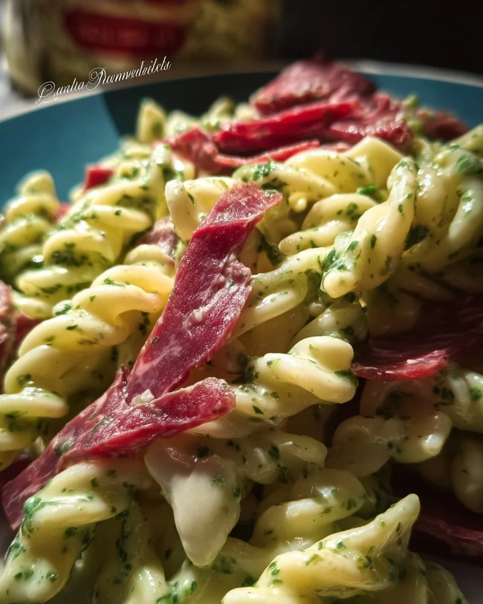 Pasta bresaola con pesto di rucola e Philadelphia in un piatto elegante