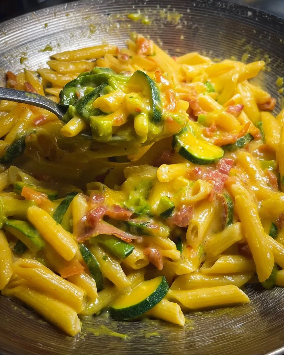 Pasta con le Zucchine servita in un piatto bianco elegante