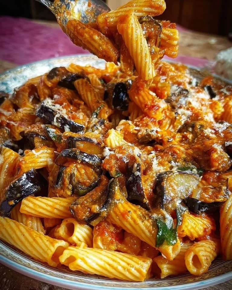 Pasta con Melanzane Fritte e Provola Affumicata servita in un piatto