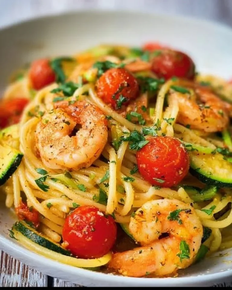 Pasta con zucchine, gamberi e pomodorini servita in un piatto decorato
