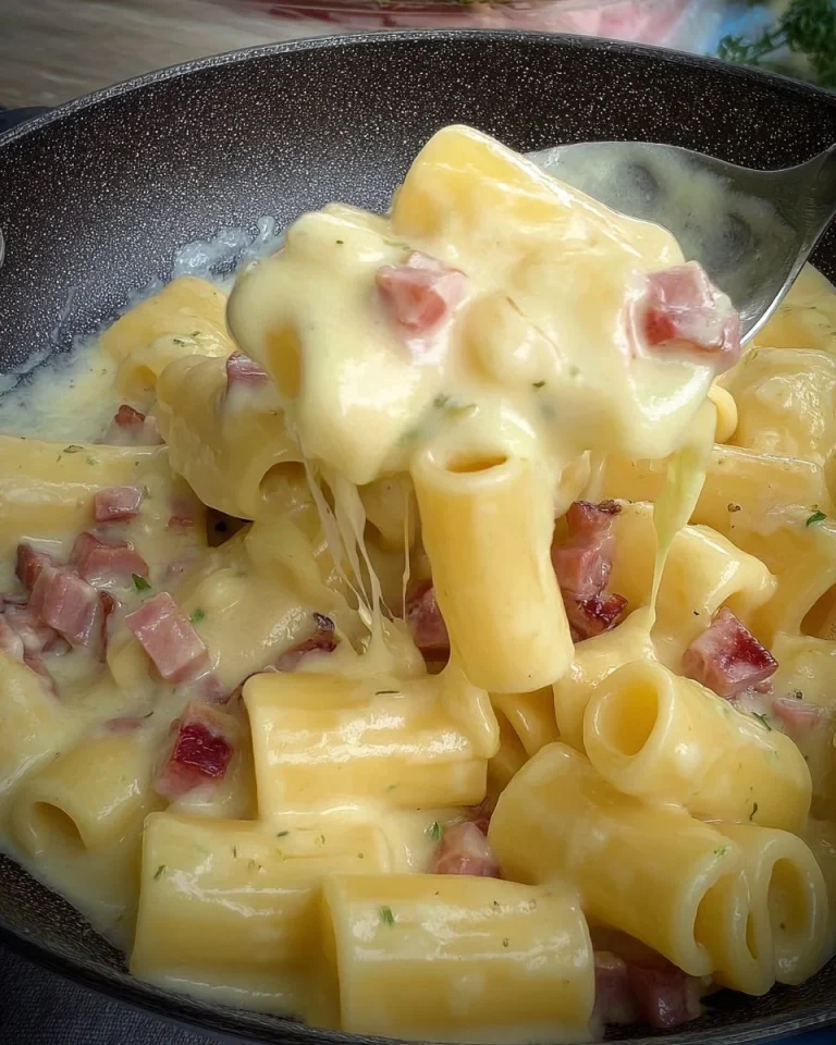 Pasta con crema di patate e speck servita in un piatto.