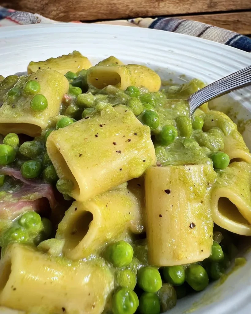 Pasta e Piselli cremosa servita su un piatto