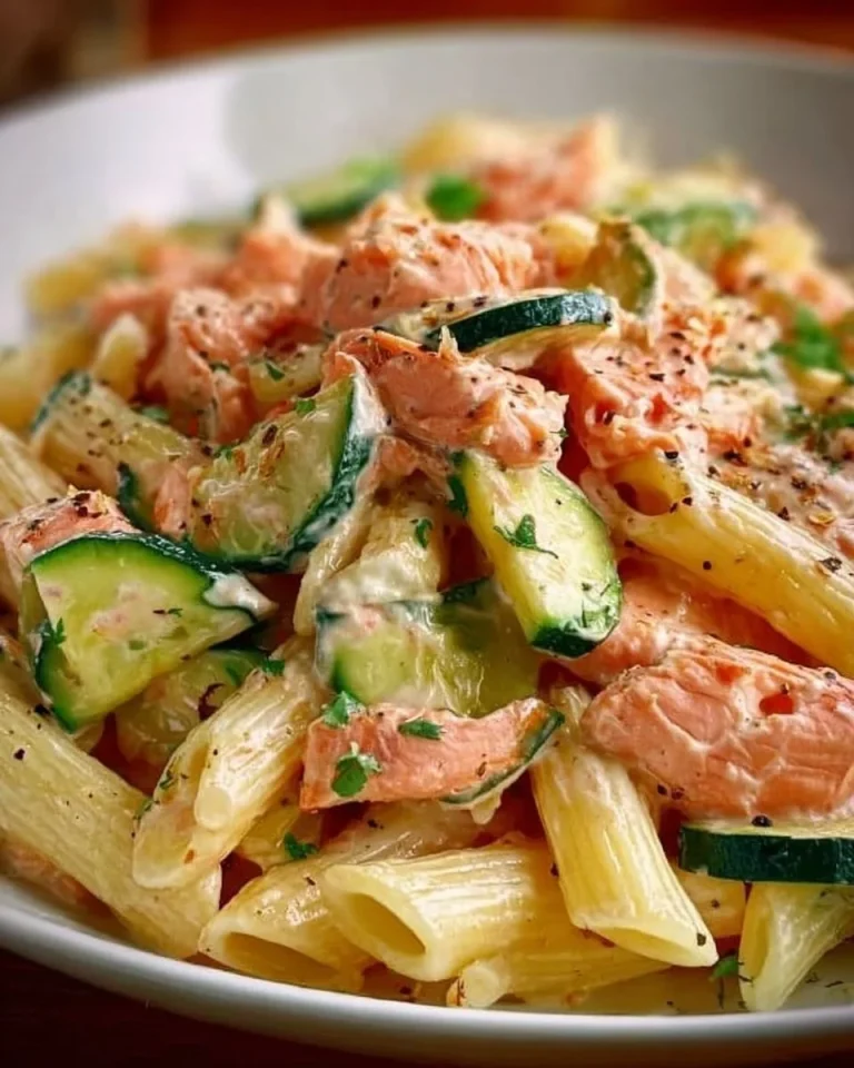 Penne rigate con zucchine, gamberetti e Philadelphia al salmone, un piatto gustoso e colorato.