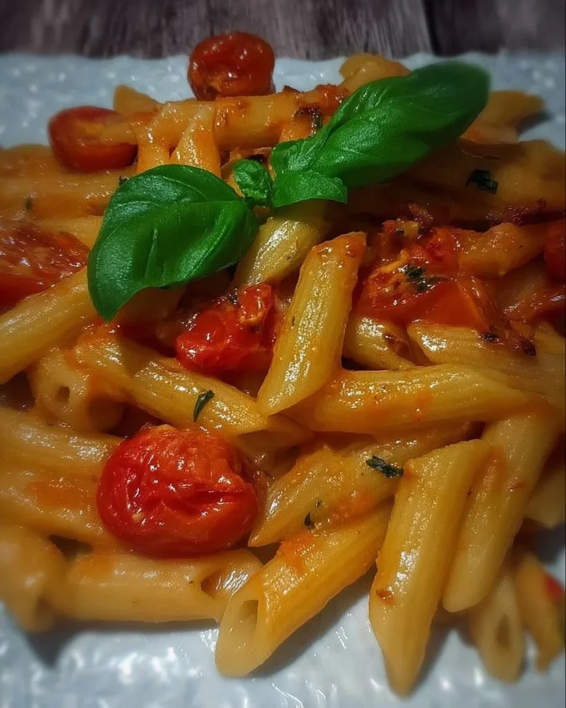 Pennette con pomodorini e stracchino cremoso in un piatto di ceramica