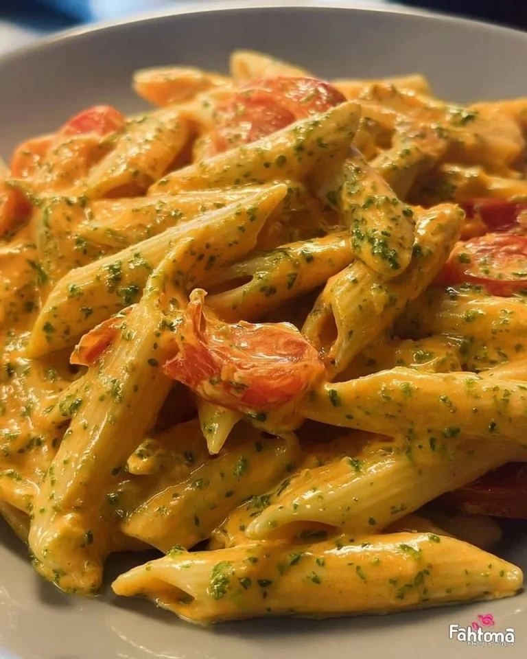 Pennette con crema di pomodoro, Philadelphia e pesto in un piatto gourmet