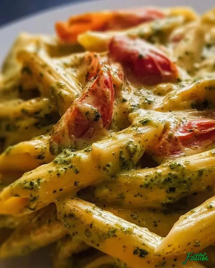 Pennette con crema di pomodoro, Philadelphia e pesto in un piatto guarnito
