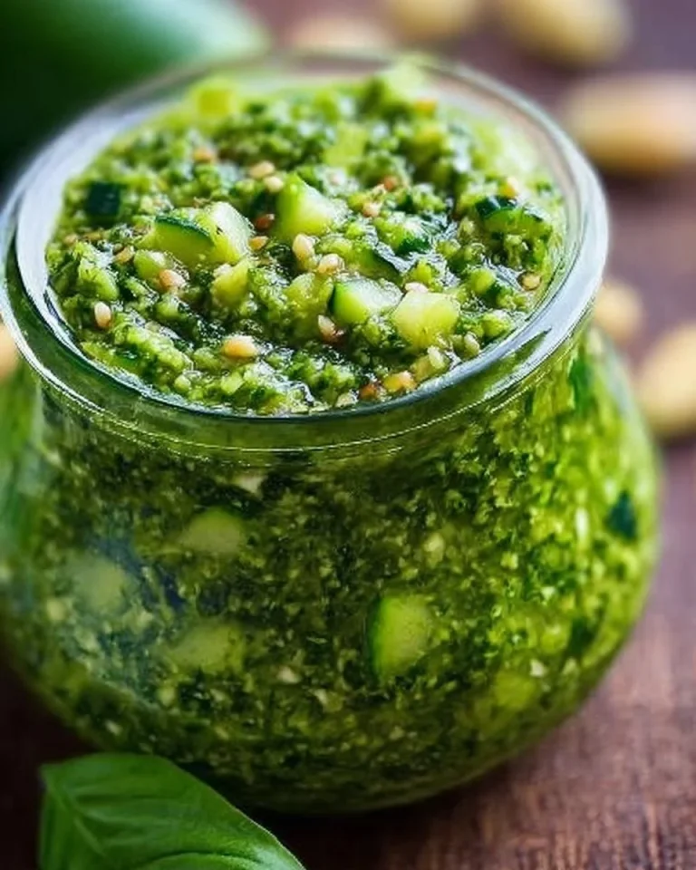 Pesto estivo di zucchine e basilico appena preparato in una ciotola
