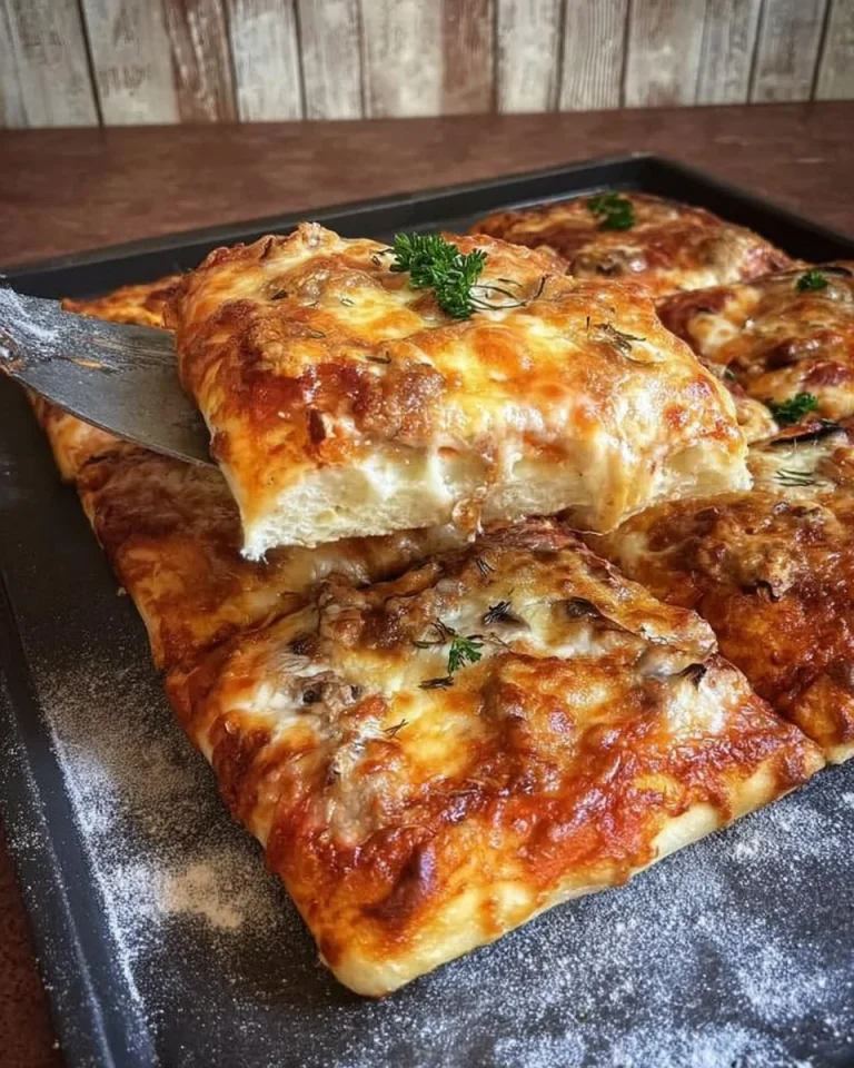 Pizza in teglia appena sfornata con ingredienti freschi e croccanti