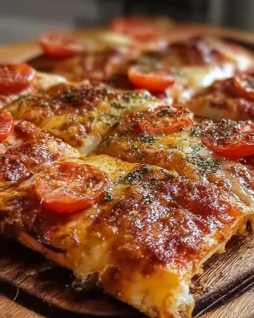 Fetta di pizza in teglia appena sfornata, croccante e ricca di ingredienti freschi.