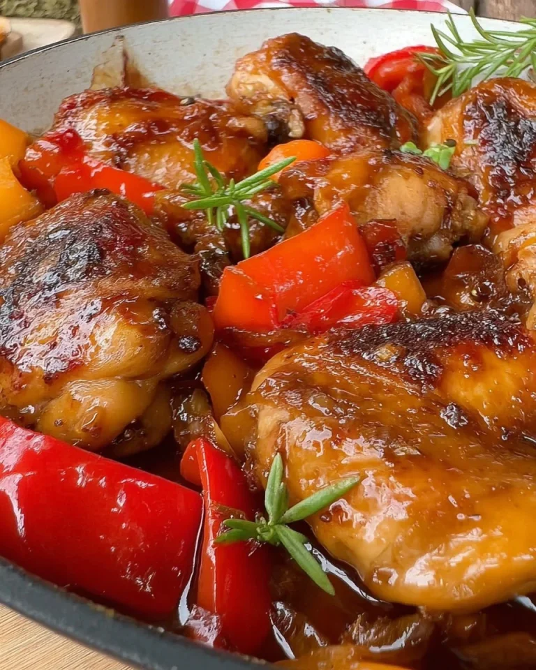 Pollo alla birra con peperoni servito su un piatto elegante.