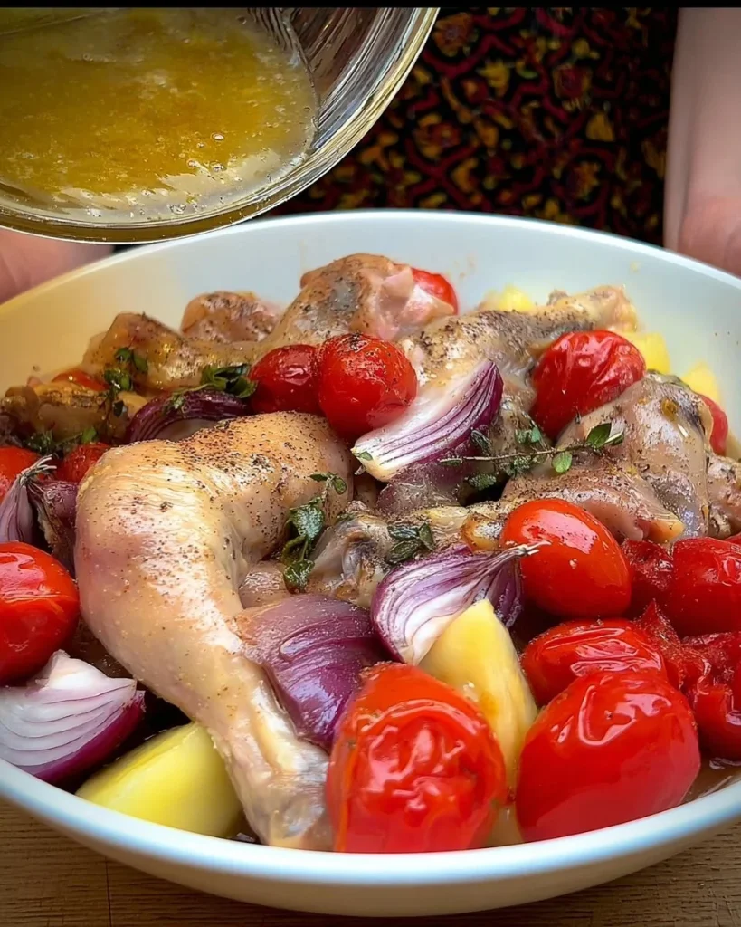 Piatto di Pollo alla Poverella pronto da servire con ingredienti freschi.