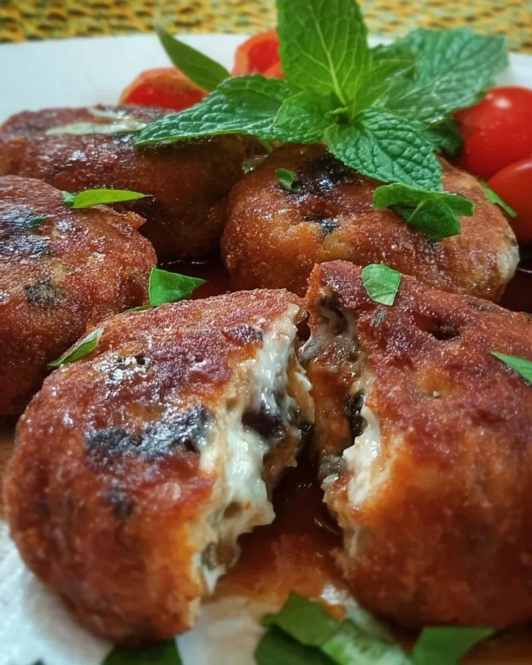 Polpette di melanzane con cuore filante su un piatto