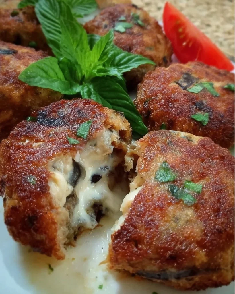 Polpette di melanzane con cuore filante, pronte da gustare in un piatto delizioso.