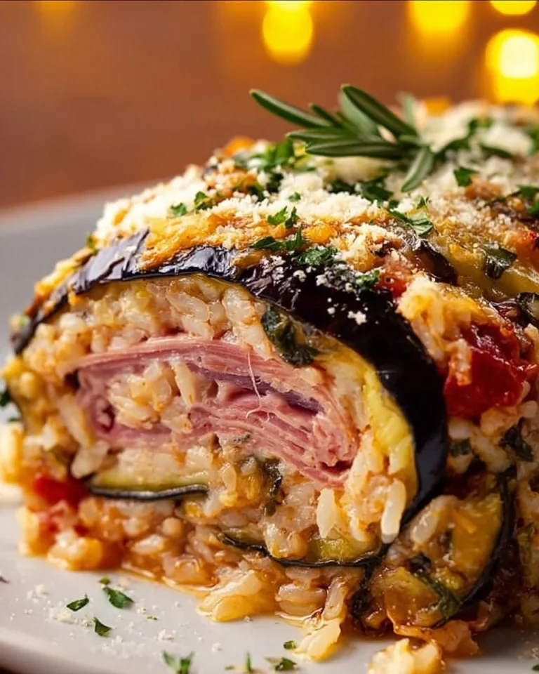 Polpettone di Riso con Melanzane e Prosciutto servito su un piatto decorato