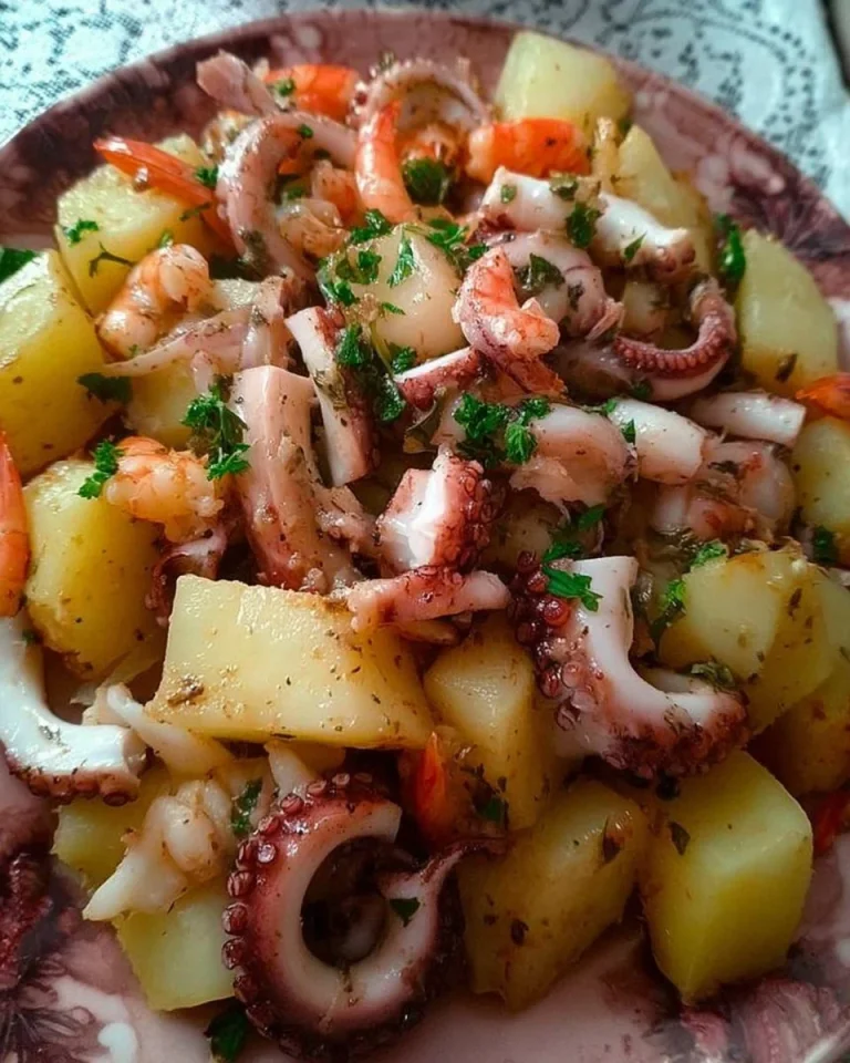 Polpo all'insalata con gamberetti e patate, piatto estivo fresco e gustoso.