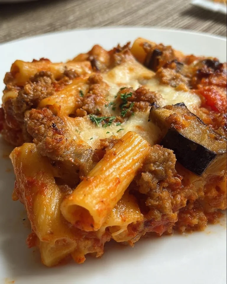 Piatto di rigatoni salsiccia e melanzane al forno appena sfornato