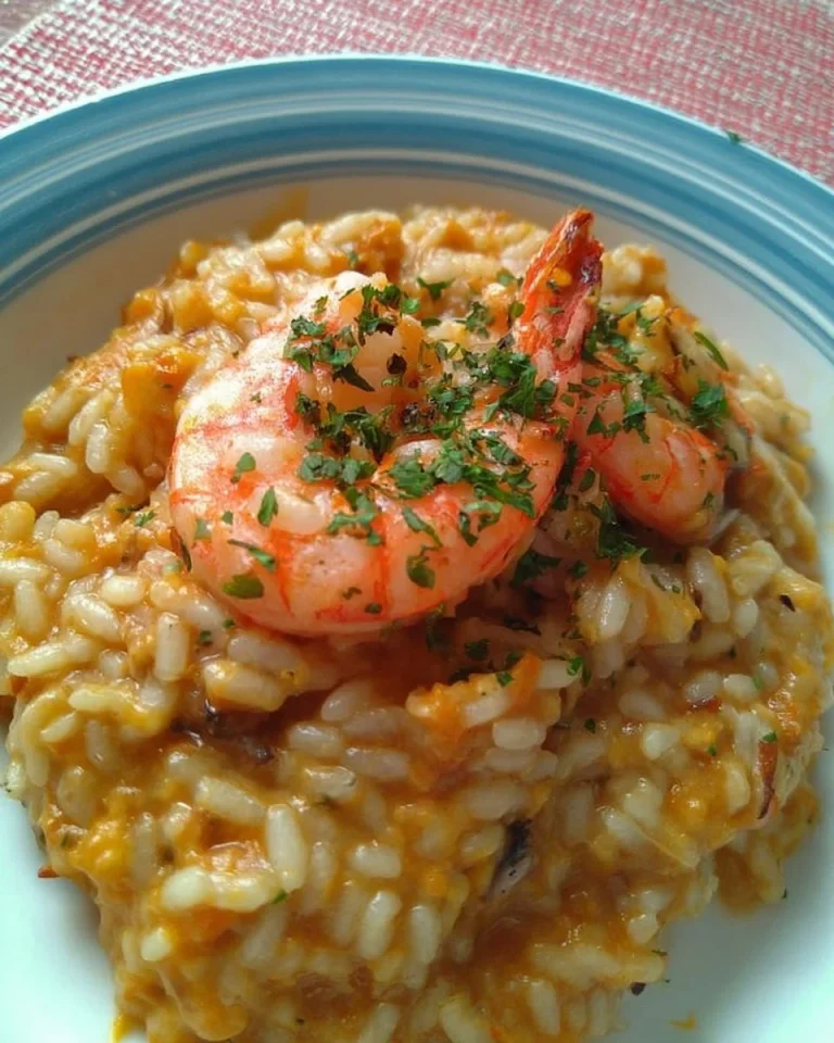 Piatto di risotto di zucca e gamberoni, cremoso e colorato, pronto da servire.