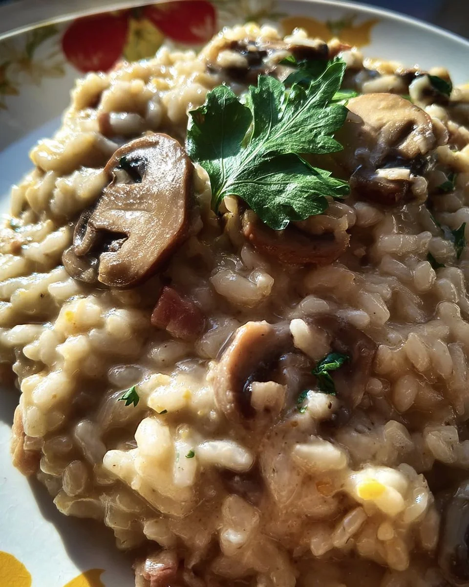 Risotto con funghi champignon, prosciutto e formaggio asiago