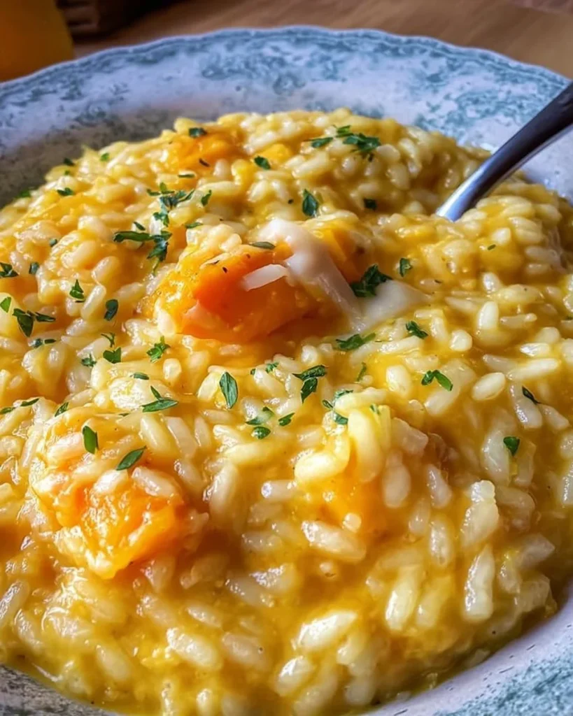 Risotto zucca e taleggio servito in un piatto bianco con decorazione di erbe