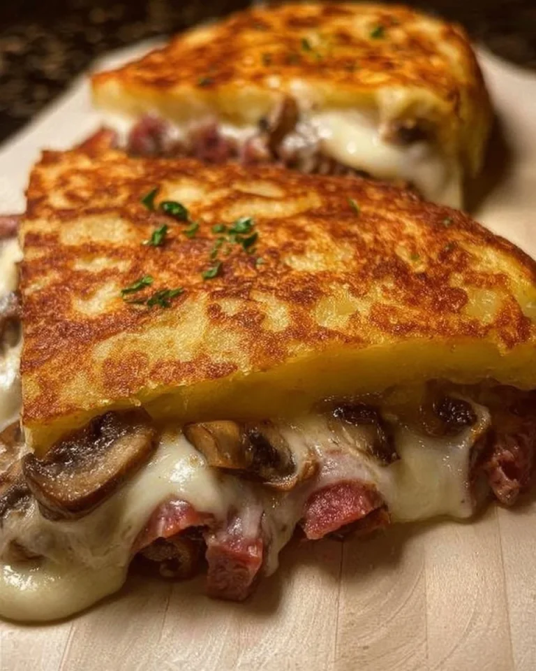 Rustico di patate farcito con funghi, mozzarella e salame su un piatto