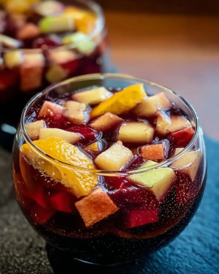 Un bicchiere di sangria fresca con frutta colorata.
