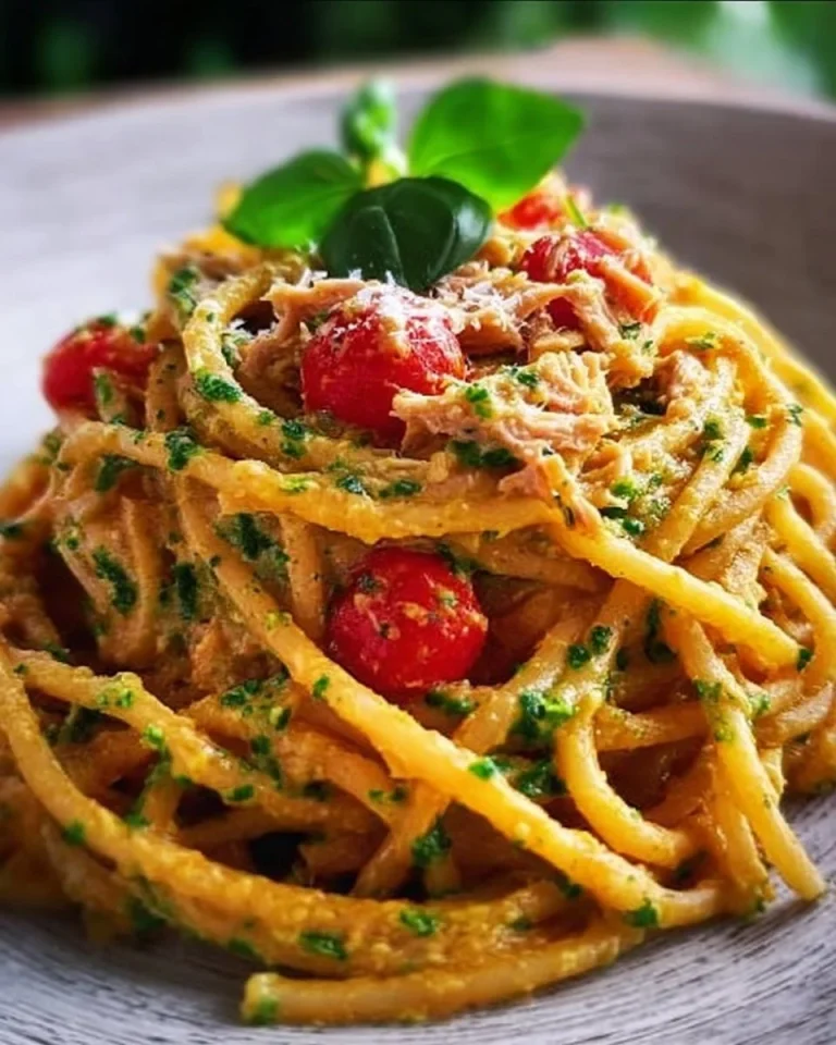 Piatto di Spaghetti al Pesto di Tonno con basilico fresco e tonno.