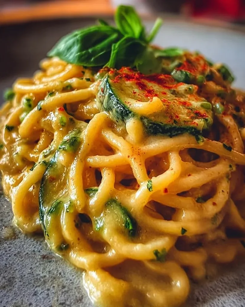Piatto di Spaghetti alla Nerano con zucchine e formaggio.