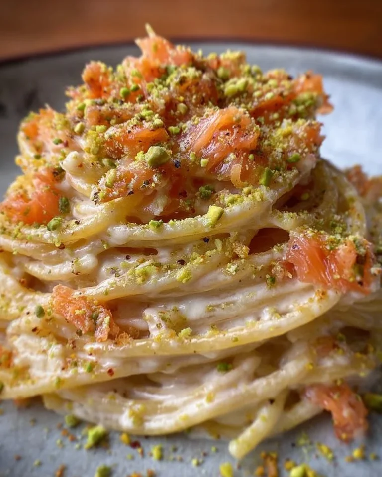Spaghetti con crema di parmigiano, pistacchio e salmone serviti in un piatto gourmet