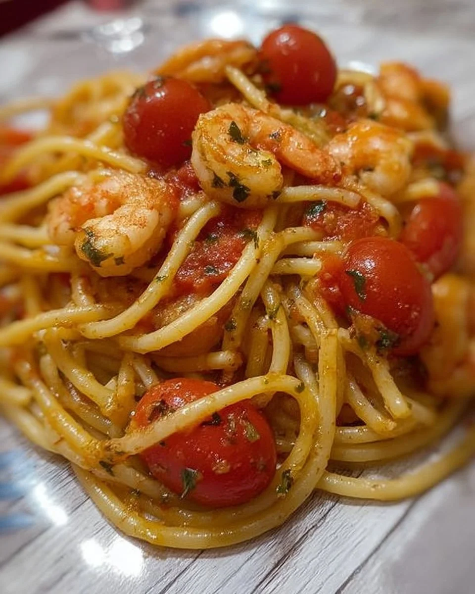 Piatto di spaghetti con gambero e pomodorini freschi