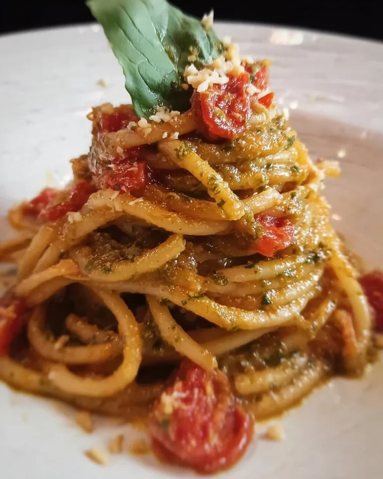 Spaghetti con pesto di rucola e mandorle guarniti con pomodorini freschi.