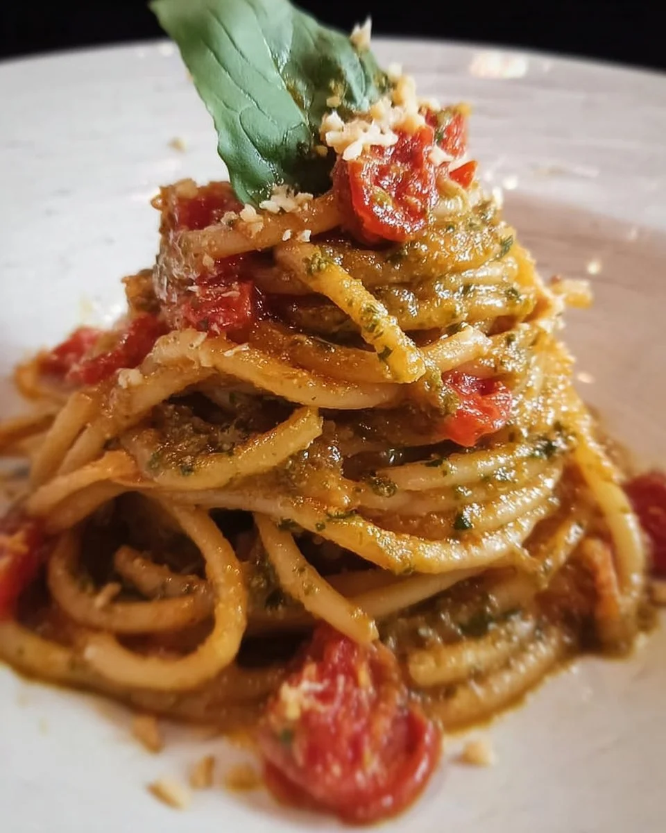Spaghetti con pesto di rucola e mandorle guarniti con pomodorini freschi.