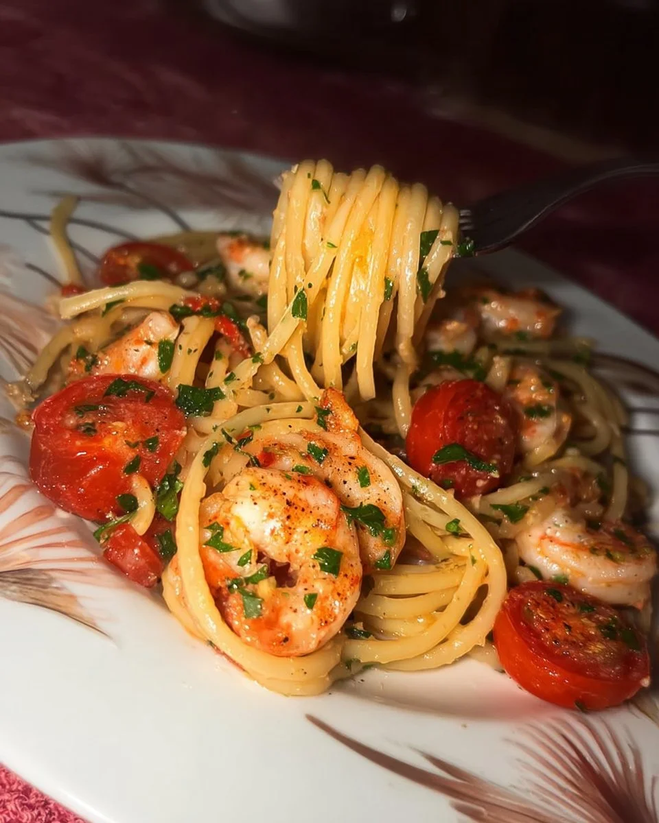 Piatto di spaghetti gamberi e pomodorini pronto da servire