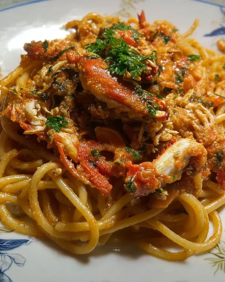 Piatto di spaghetti quadrati con sugo di granseola