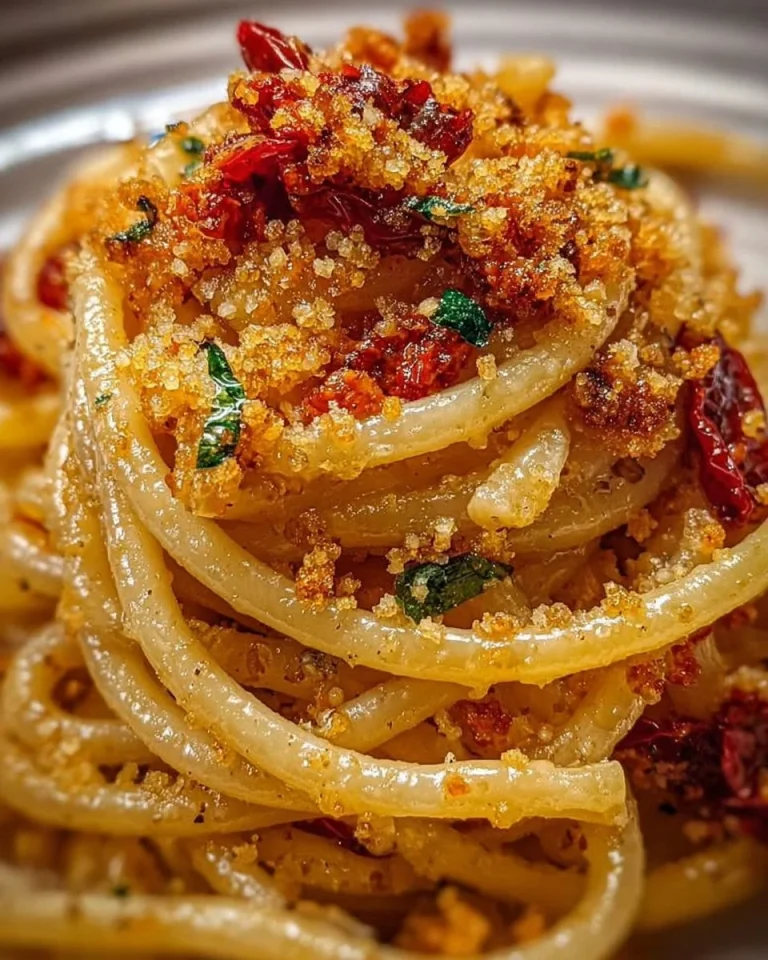 Spaghettoni aglio e olio con pomodori secchi e mollica croccante