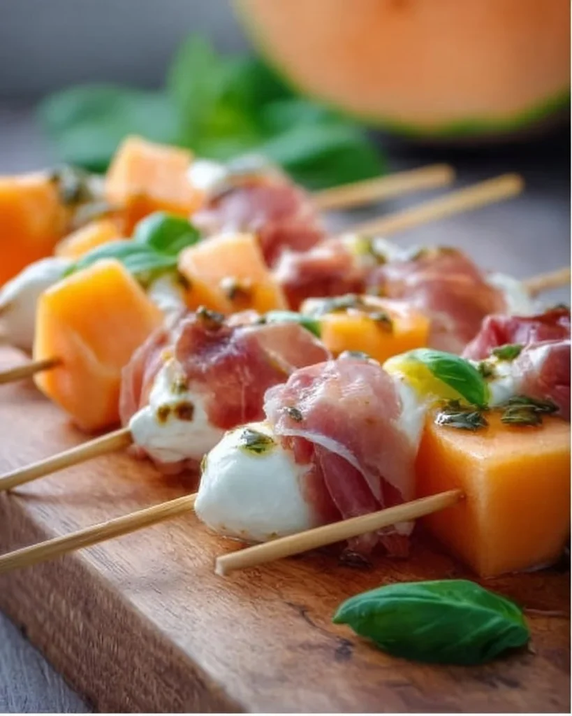 Spiedini di melone con prosciutto e mozzarella su un piatto