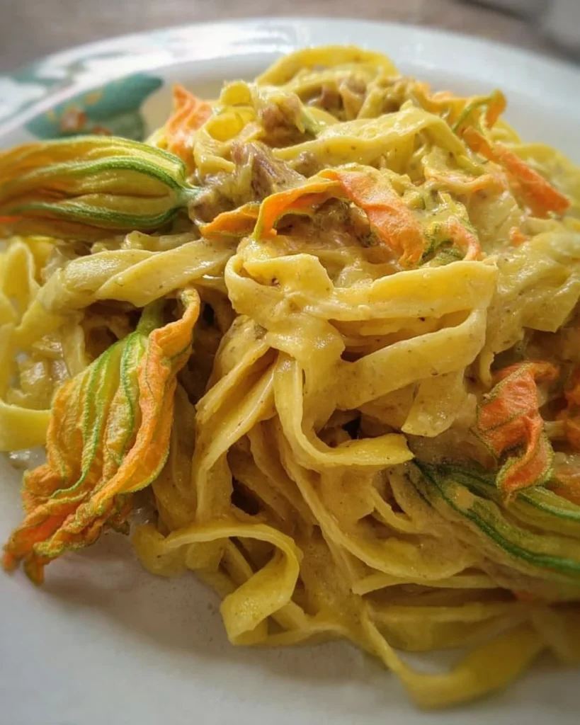 Tagliatelle con fiori di zucca, piatto colorato e appetitoso