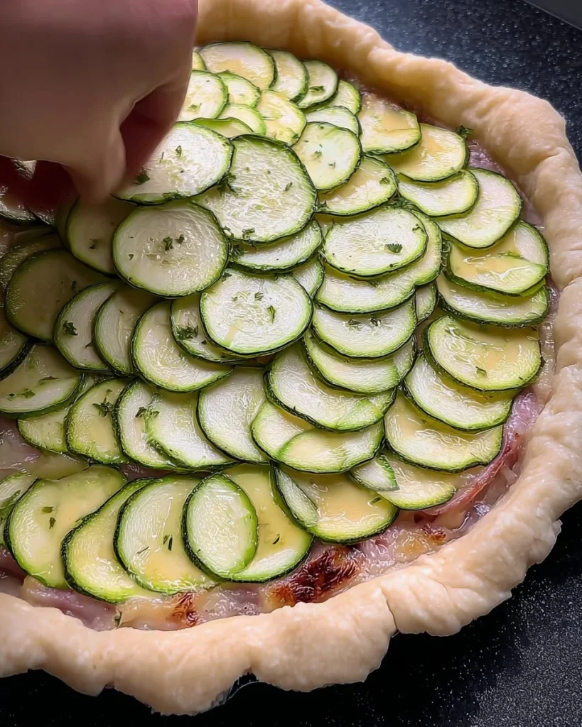 Torta salata di zucchine appena sfornata con crosta dorata e ripieno cremoso.