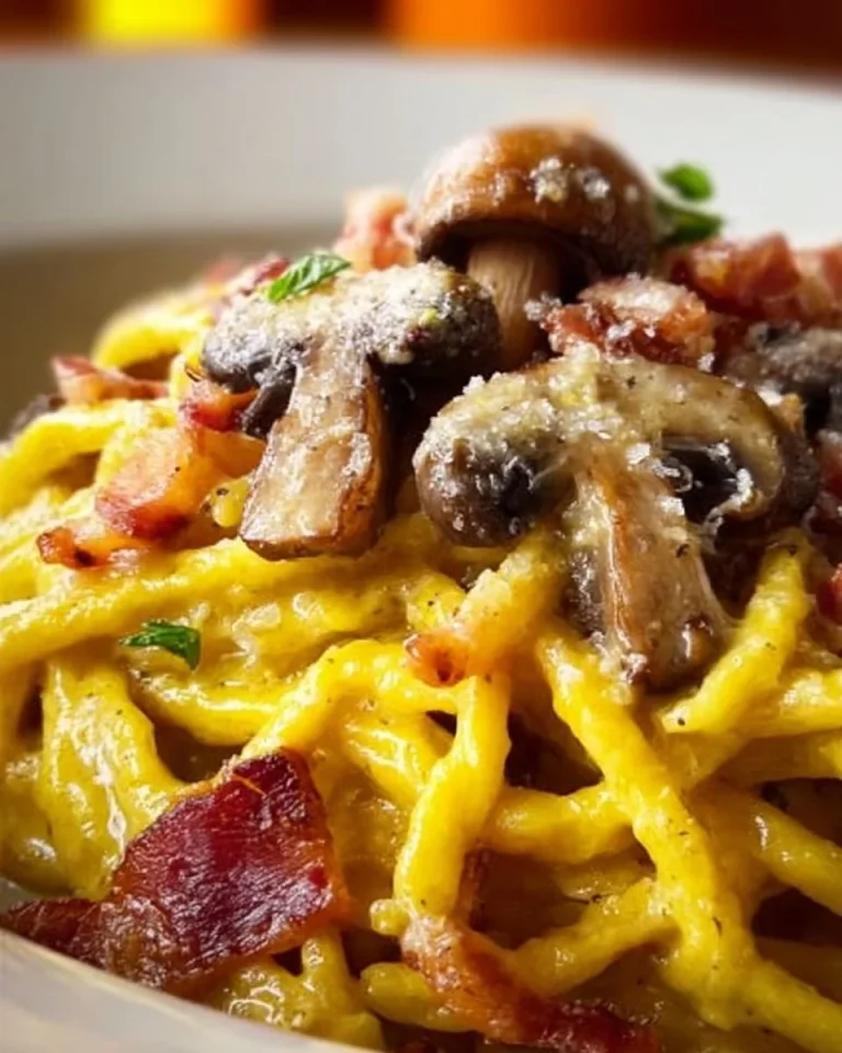 Trofie allo zafferano con funghi, provola e pancetta in un piatto gourmet