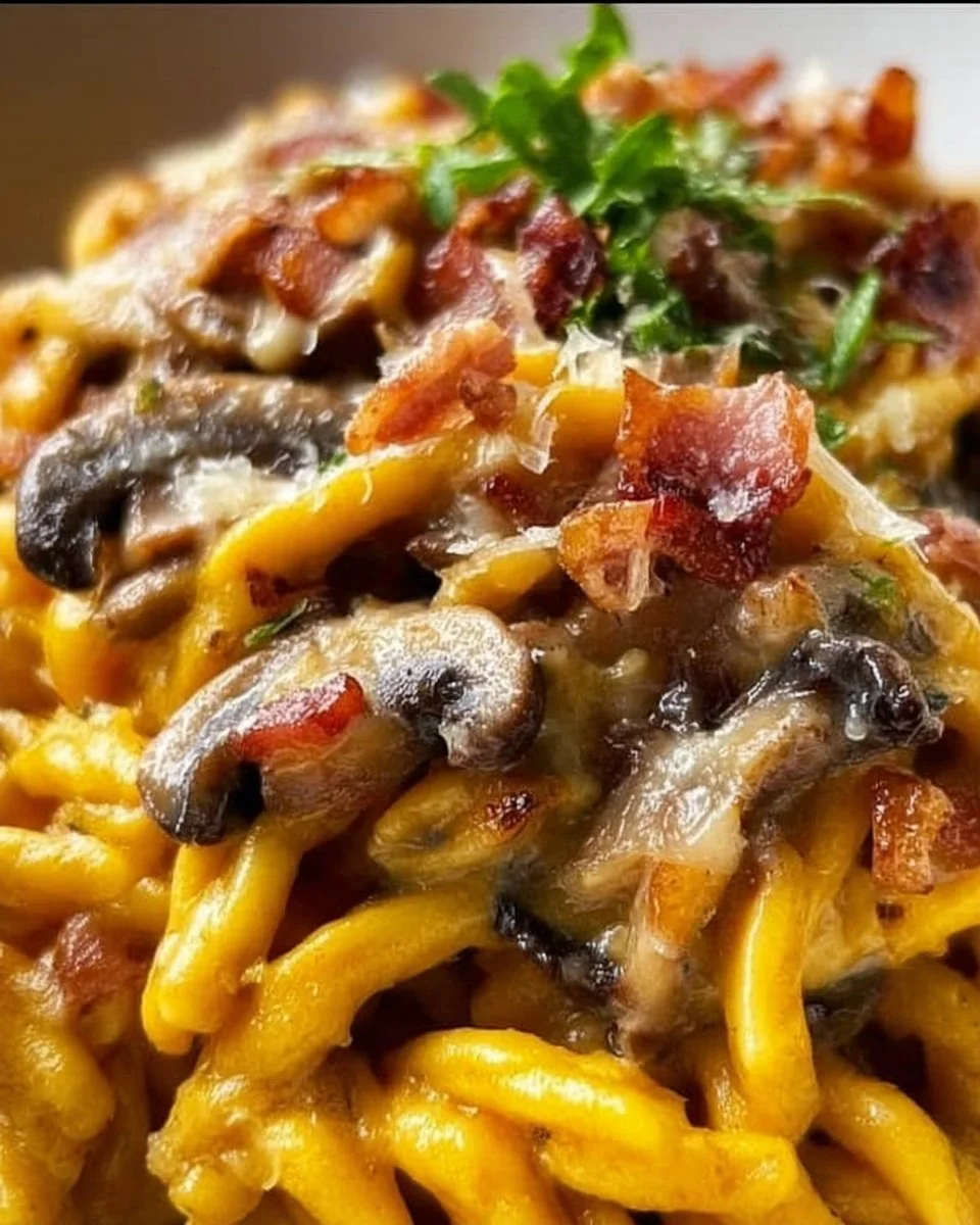 Trofie allo zafferano con funghi, provola e pancetta servite in un piatto