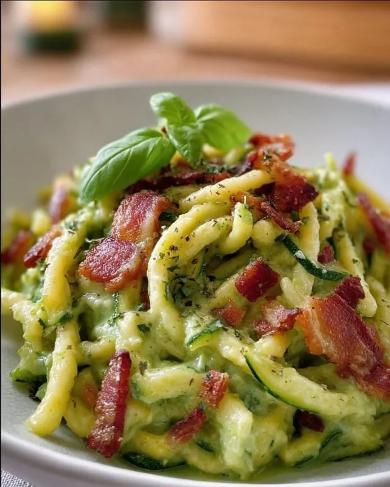 Trofie con crema di zucchine e pancetta servite in un piatto elegante